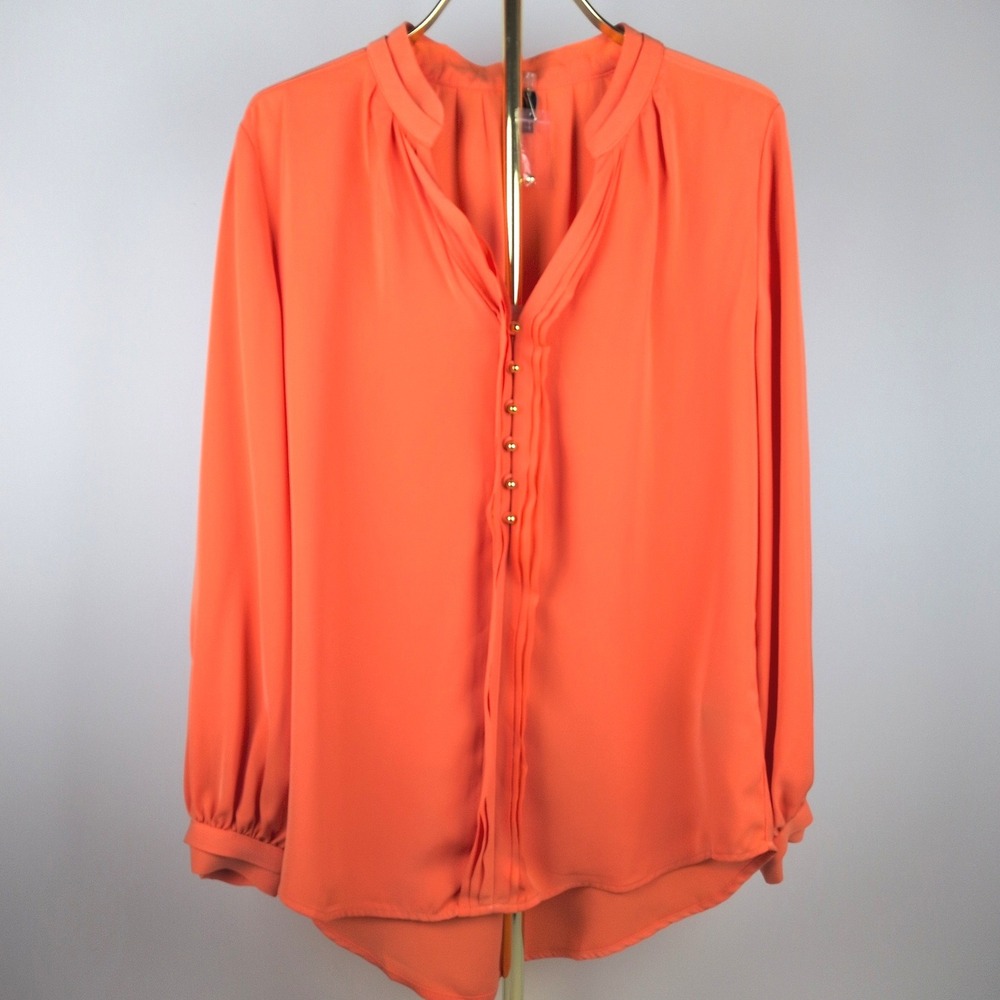 Ravel Women Medium Blouse Orange Pleated Placket Gold Buttons Long Sleeve